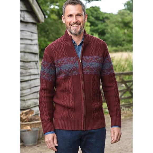 WoolOvers‎ Mens 100% Wool Zip Cardigan Sweater M Burgundy Nordic Cable Knit - Picture 1 of 9